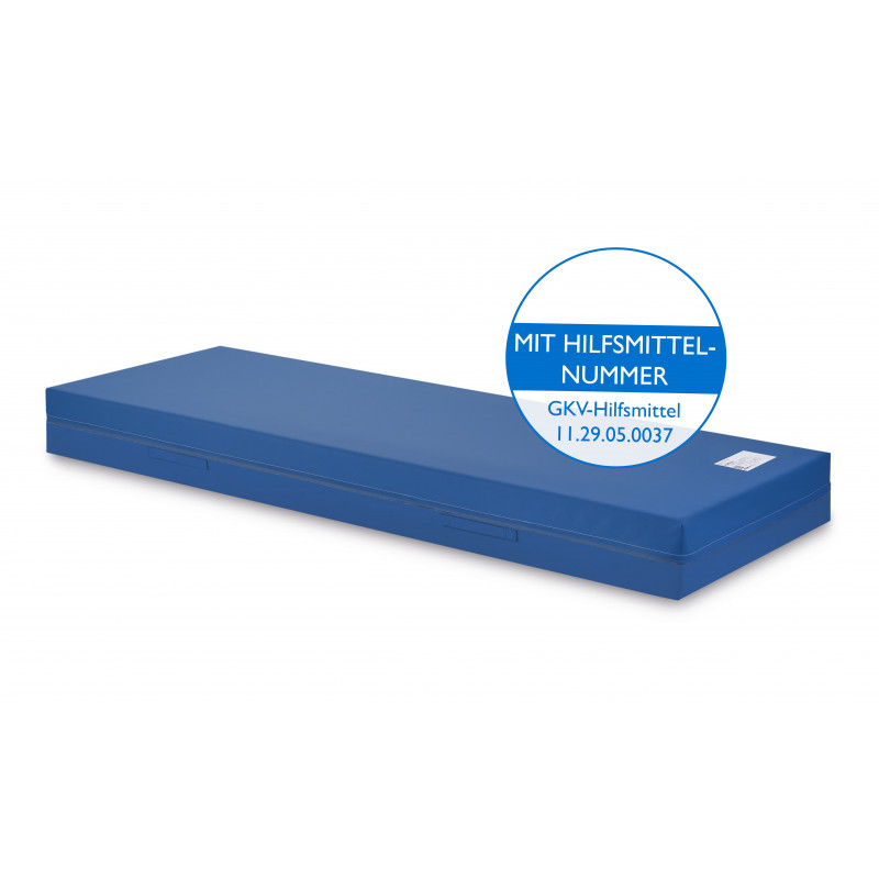 Blaue Matratze mit Hilfsmittelnummer GKV-Hilfsmittel 11.29.05.0037 und Tragegriffen an der Seite.