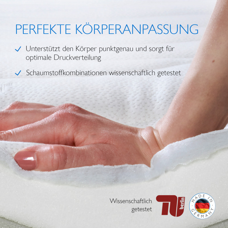 Abgebildet ist eine Hand, die in den Konturenschnitt eindrückt, die Schaumstoffschichten passen sich optimal an.