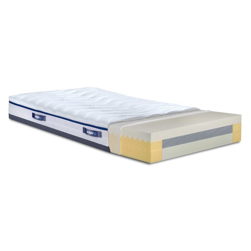 Aufgeschnittene Matratze zeigt verschiedene Schaumschichten für optimalen Liegekomfort.