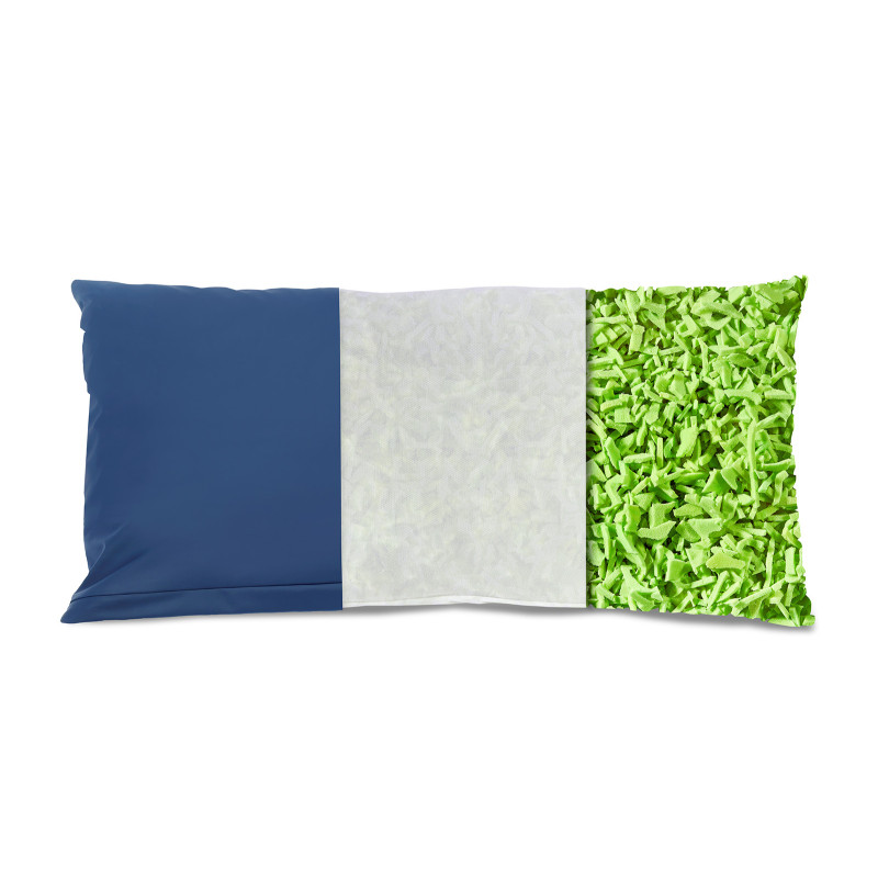 VISKOLASTIC® Flockenkissen mit PERLASTIC®-Bezug: aufgeschnitten, zeigt das 2-Kammer-System