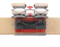 Querschnitt eines Lattenrostsystems mit Flexolastic-Anpassung: Sichtbar sind bewegliche Kunststoffelemente, rote Einstellknöpfe und flexible Federmechanismen zur individuellen Druckverteilung und Anpassung der Liegefläche.